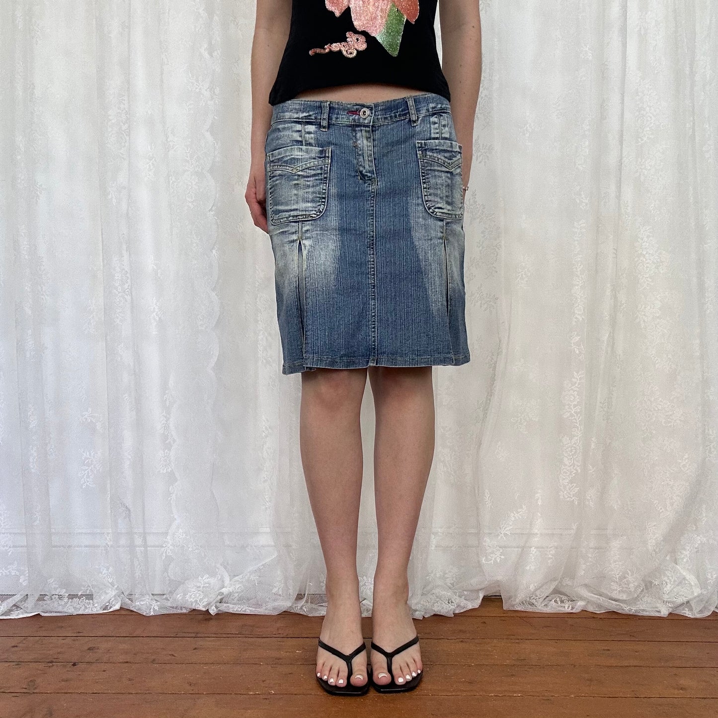 vintage 00s dual pocket washed denim midi skirt