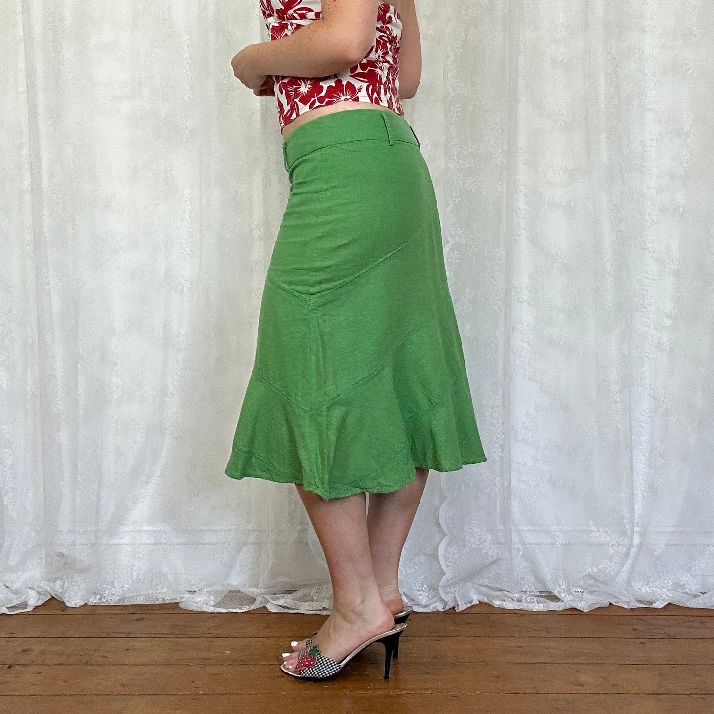 vintage 00s apple green linen midi skirt