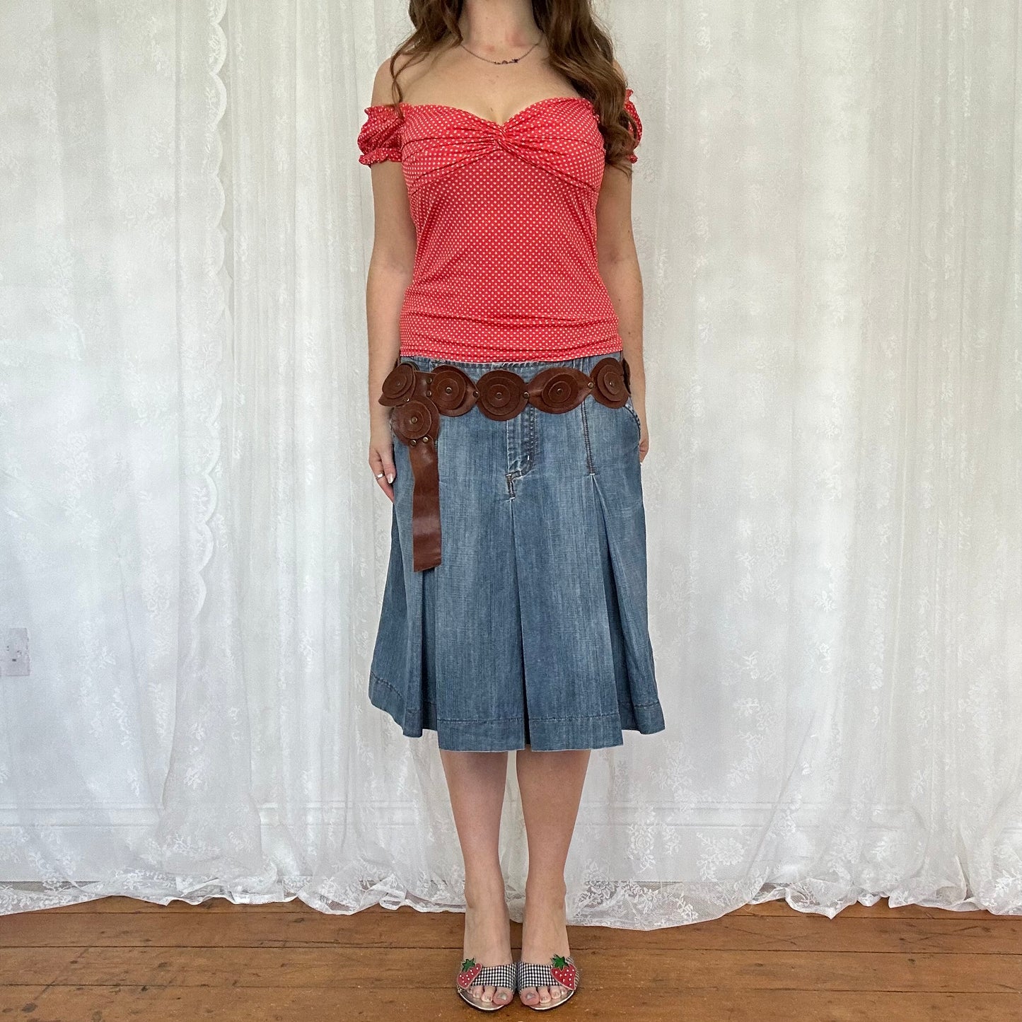 vintage 00s red polka dot sweetheart neckline top