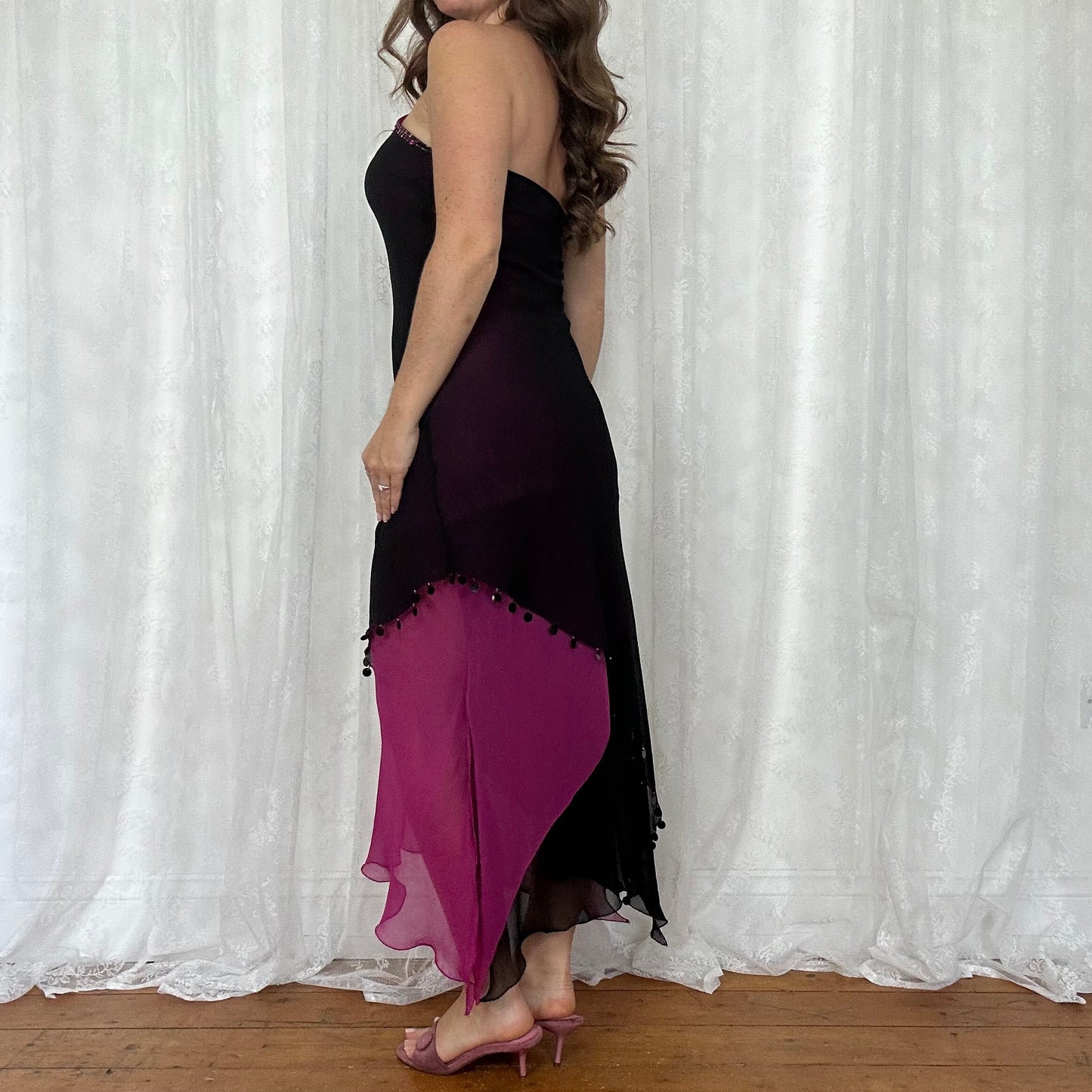 vintage 00s rene derhy pink and black sequin mesh midi dress