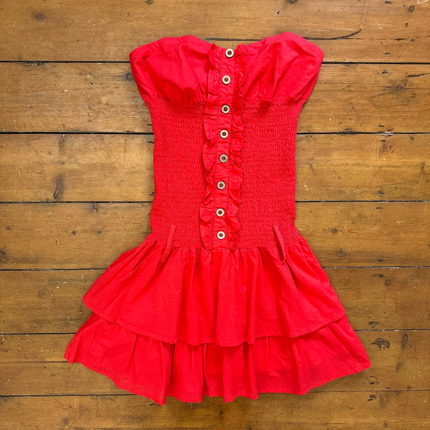 vintage 00s red strapless shirred ruffle mini dress