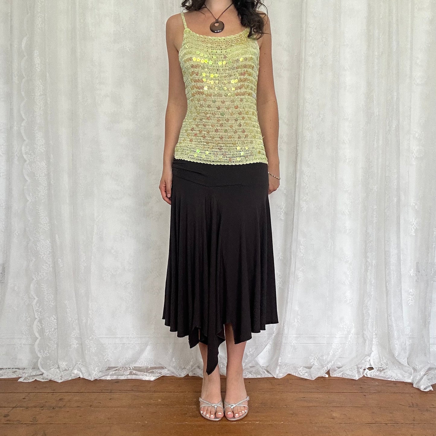 vintage 00s green crochet sequin cami