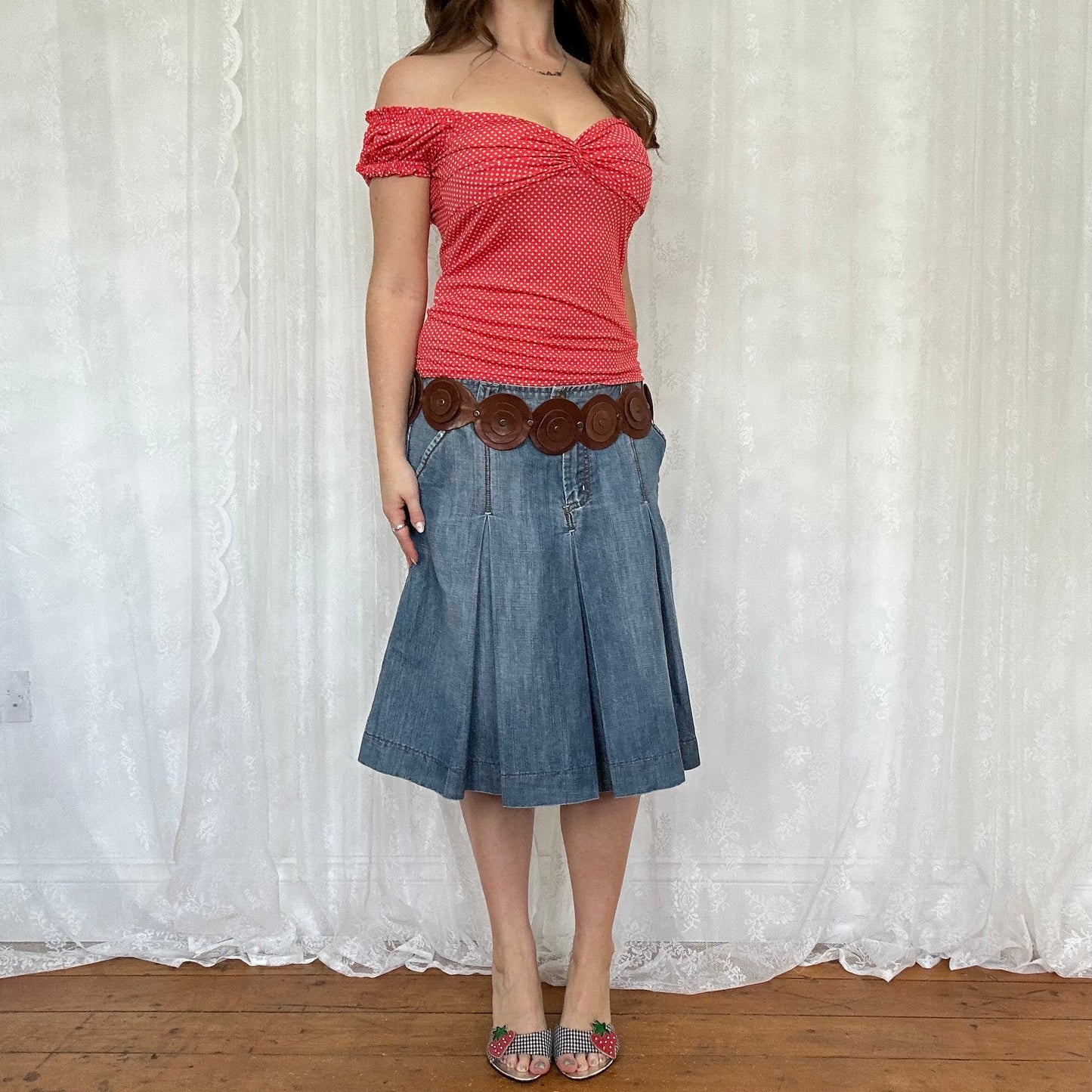 vintage 00s red polka dot sweetheart neckline top