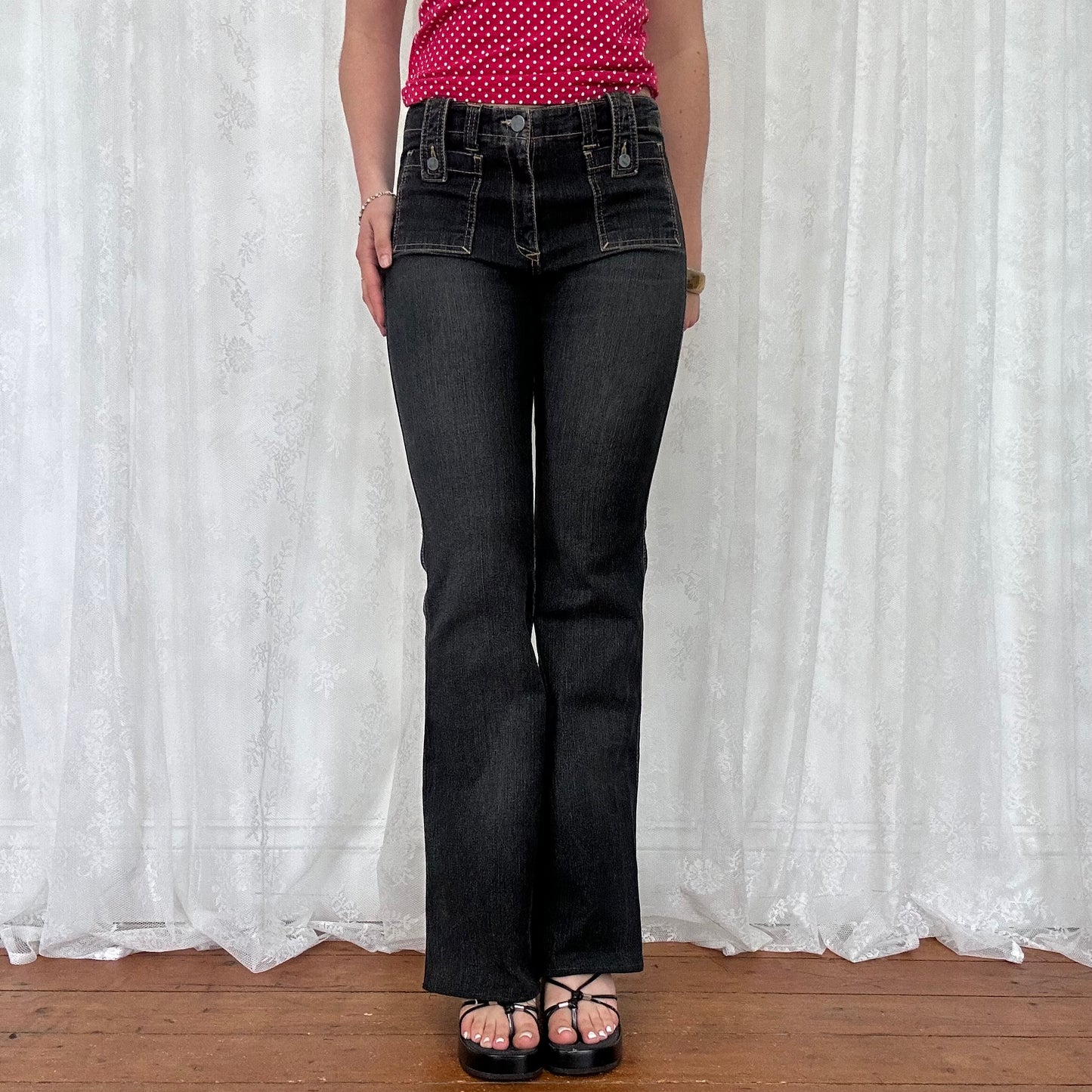 vintage 00s washed black low rise flared jeans