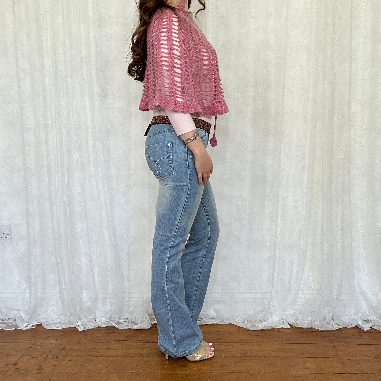 vintage 00s pink crochet poncho