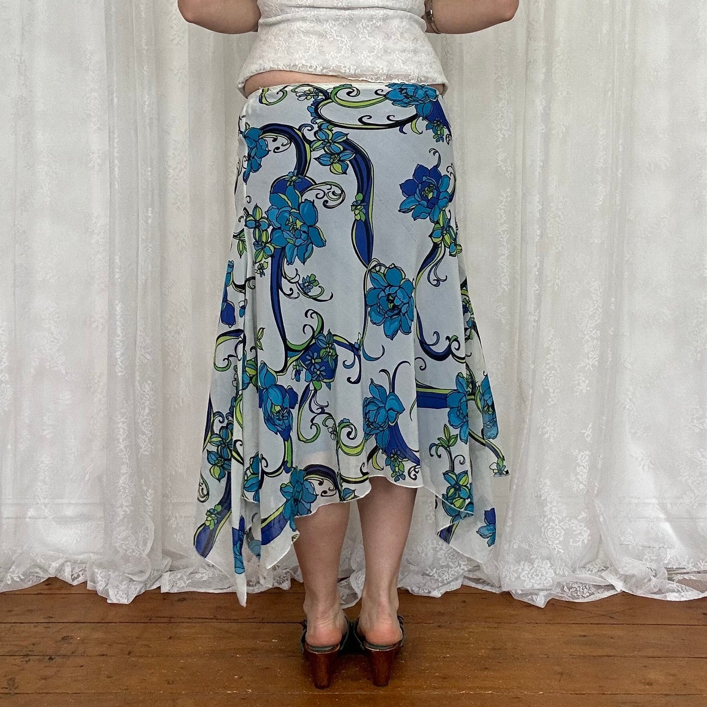 vintage 00s blue floral asymmetrical midi skirt