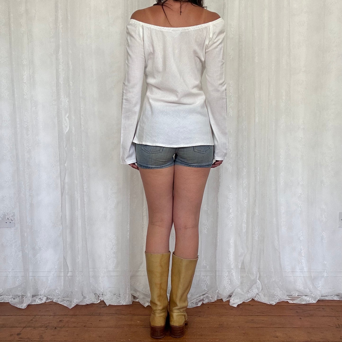 vintage 00s white flared sleeve off shoulder top