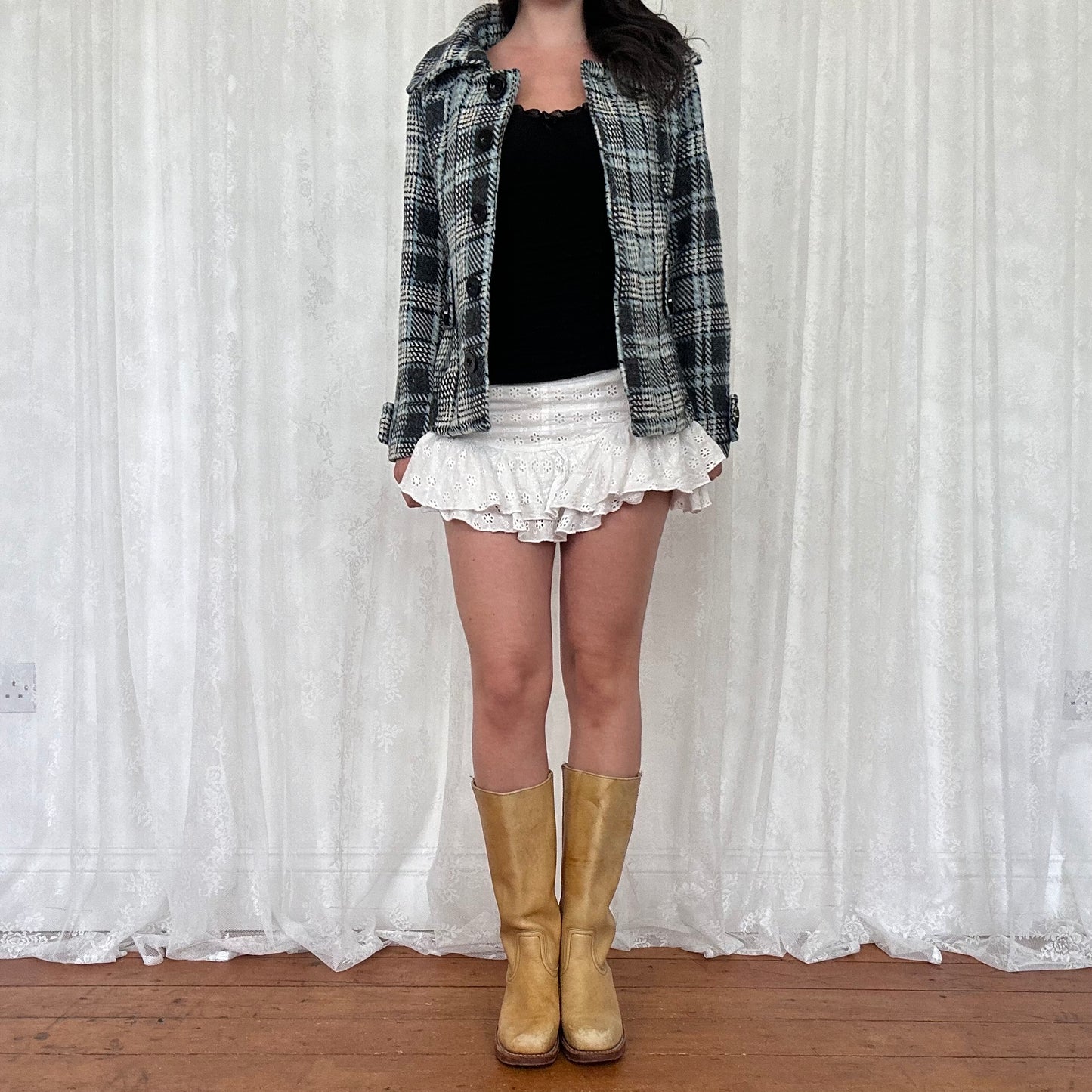 vintage 00s blue checkered button up peacoat