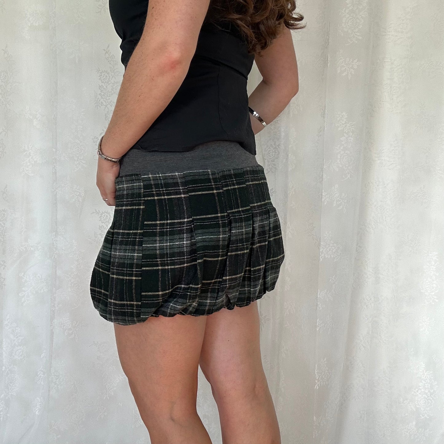 vintage 00s green and black wool plaid bubble skirt
