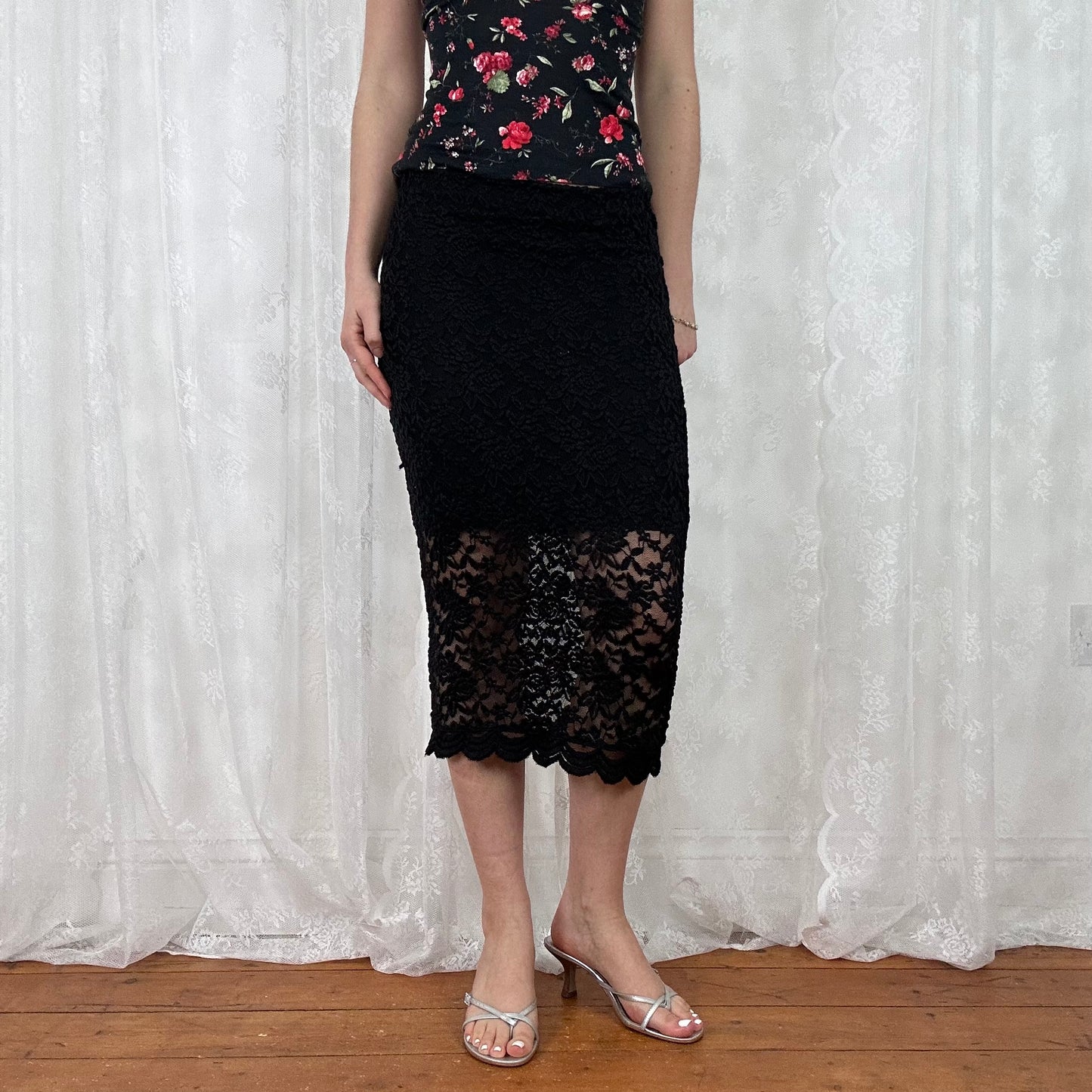 vintage 00s black lace midi skirt