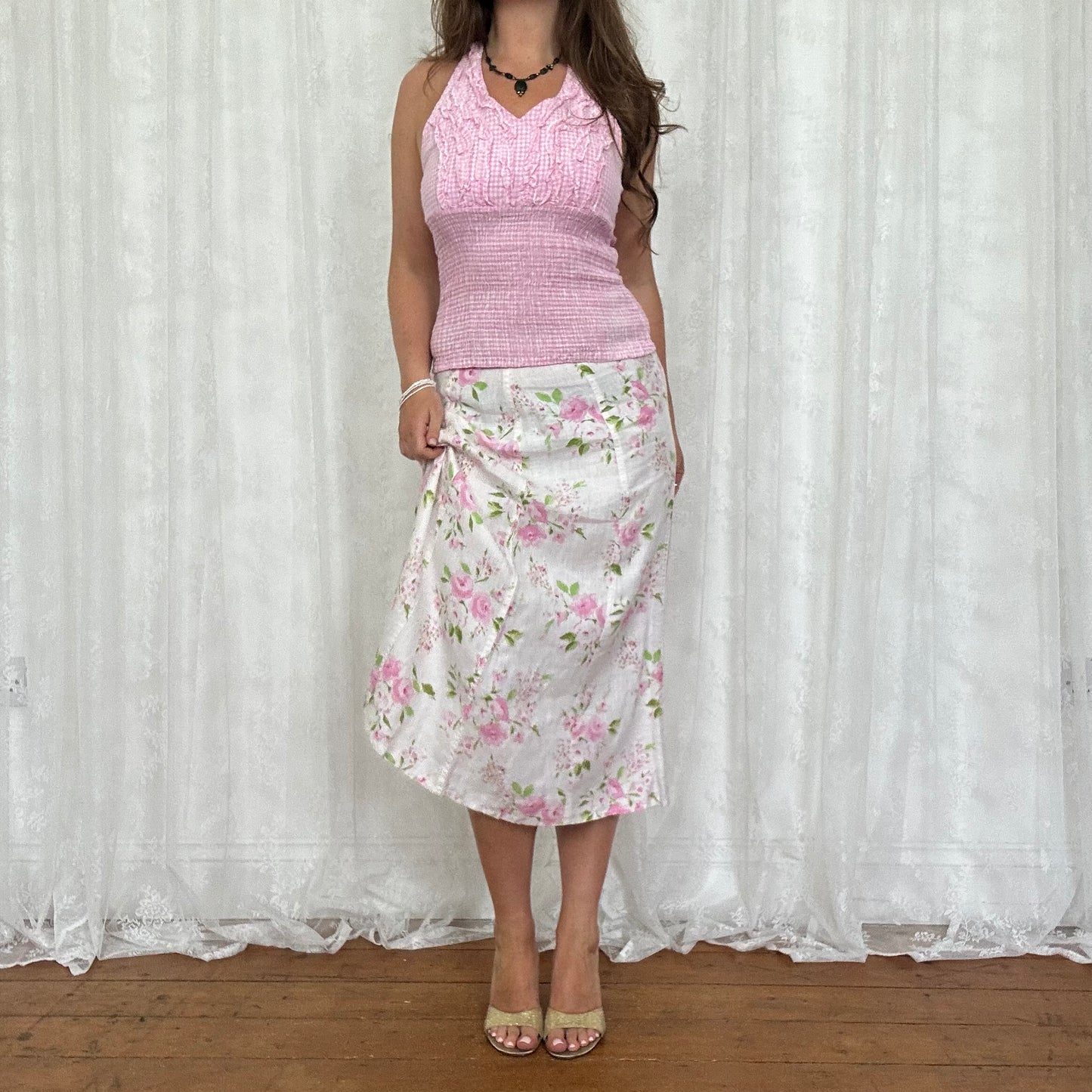 vintage 00s pink floral midi skirt