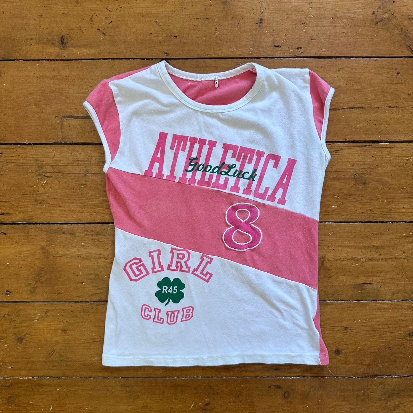 vintage 00s pink and white sporty graphic top