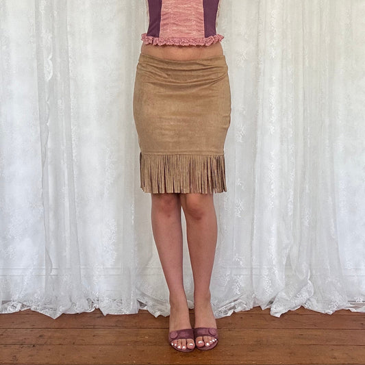 vintage 00s tan faux suede fringe midi skirt
