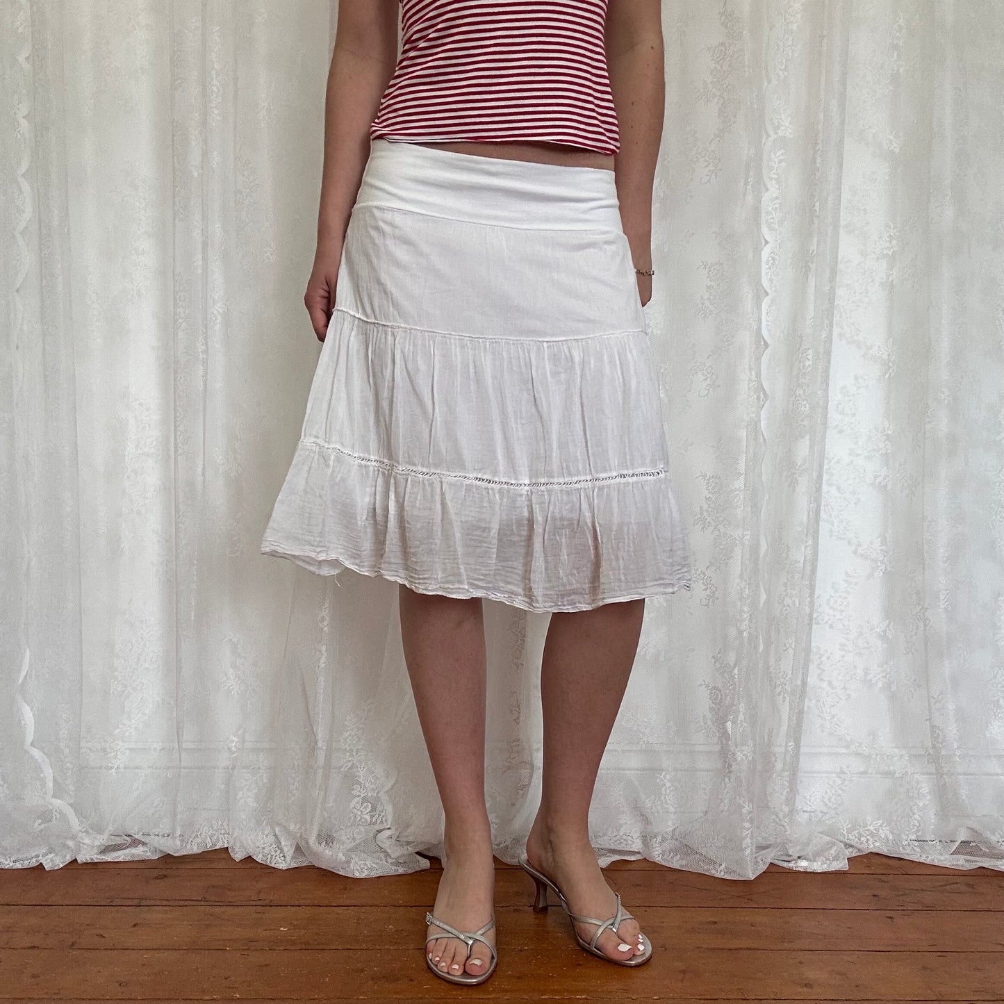 vintage 00s white tiered midi skirt