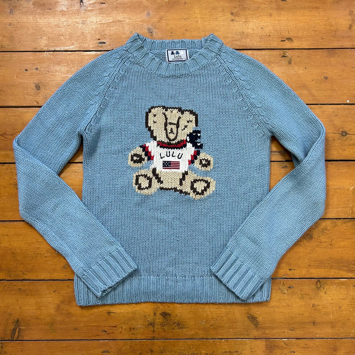 vintage 00s blue lulu castagnette teddy bear jumper