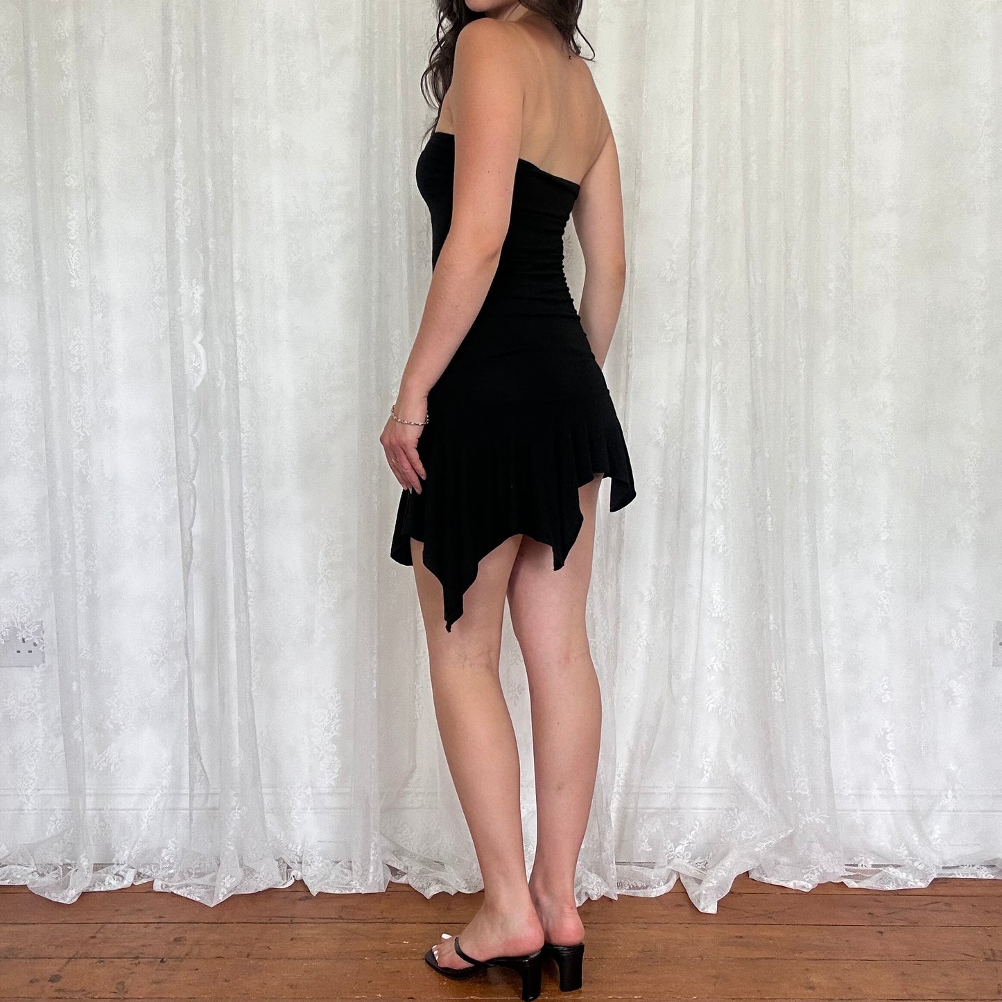 vintage 00s black strapless hanky hem mini dress