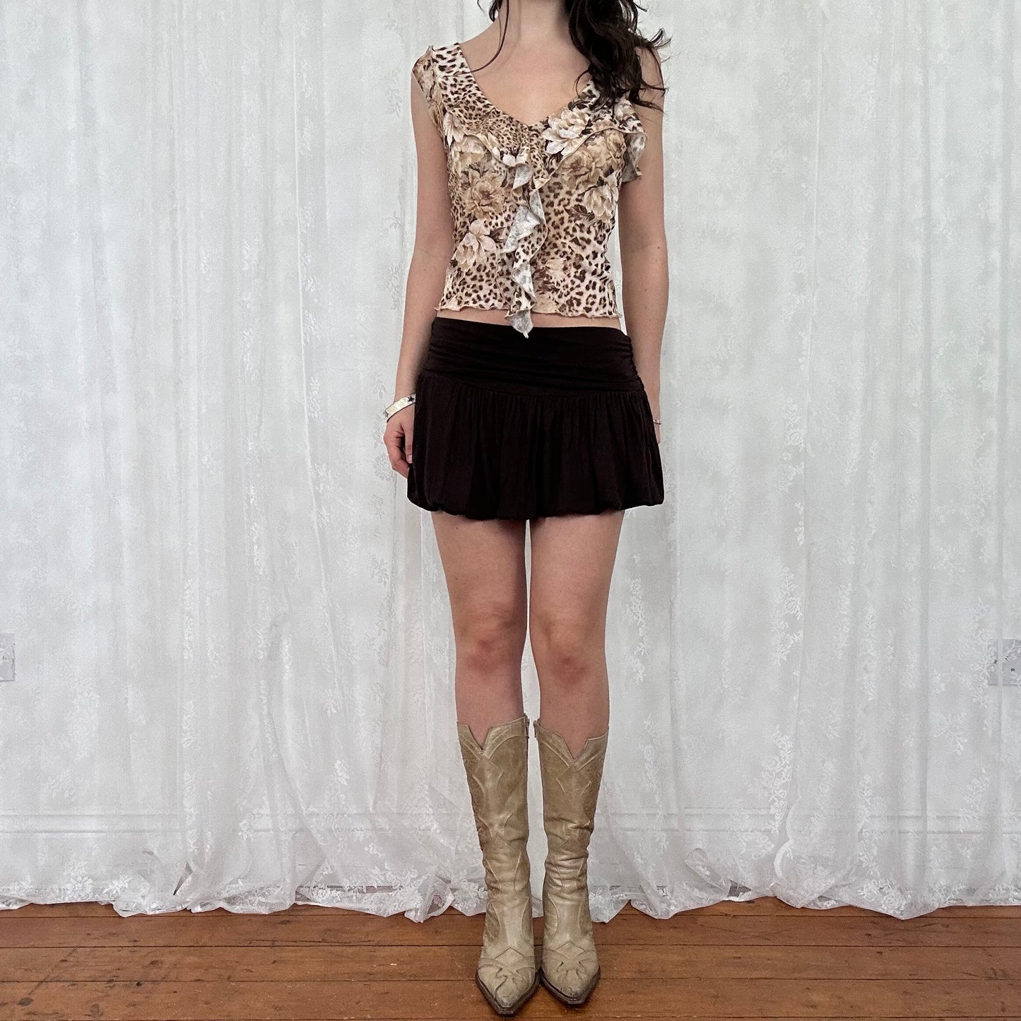 vintage 00s dark brown bubble hem mini skirt