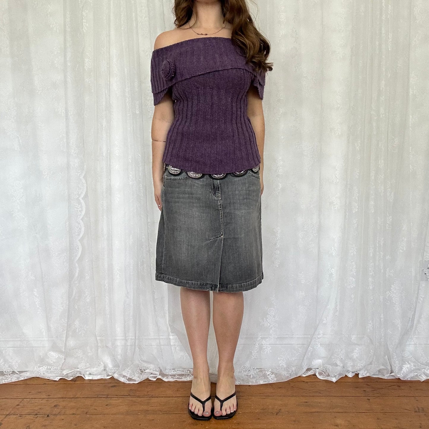 vintage 00s purple off shoulder knit jumper