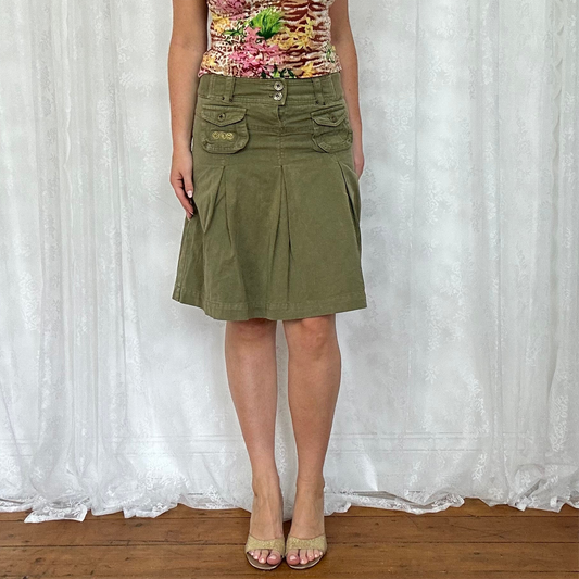 vintage 00s khaki cargo pleated midi skirt