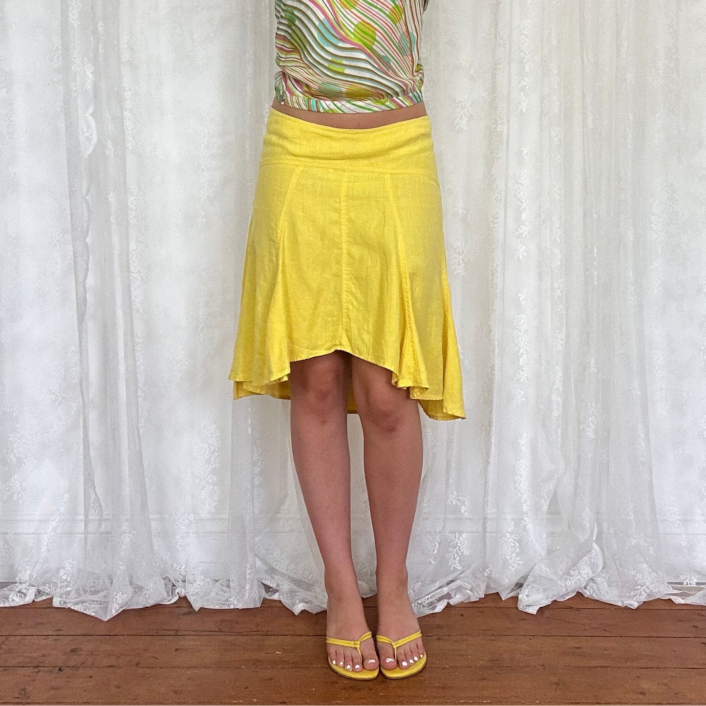 vintage 00s yellow linen ruffle midi skirt