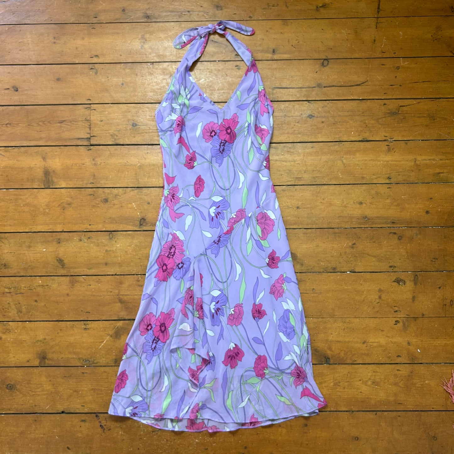 vintage 00s purple floral halter midi dress