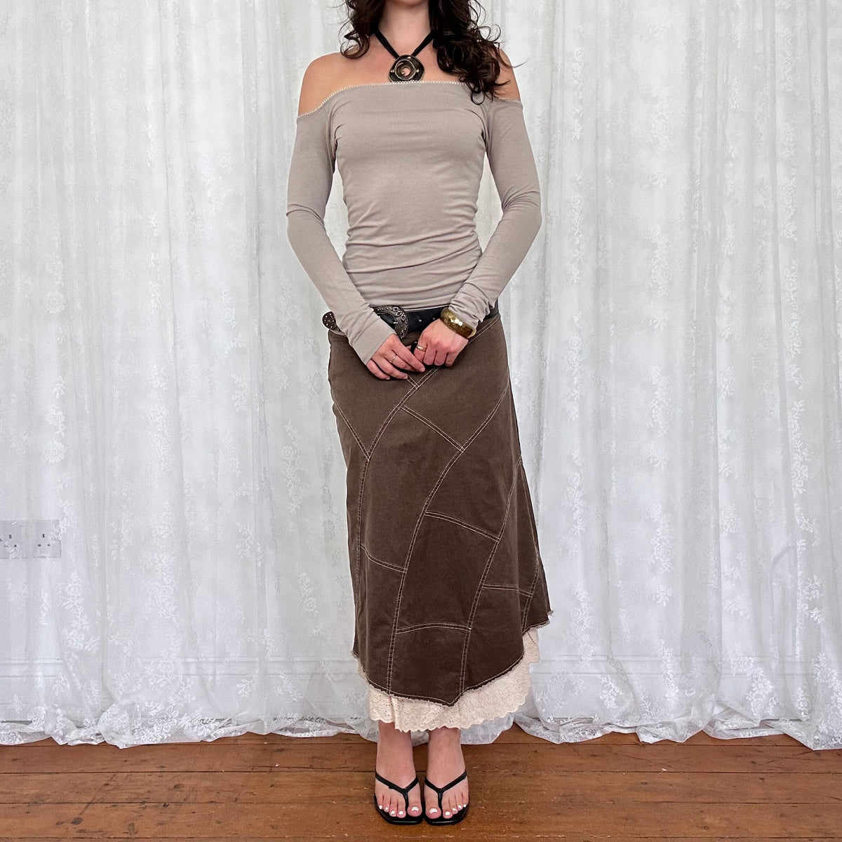 vintage 00s brown long sleeve off shoulder top