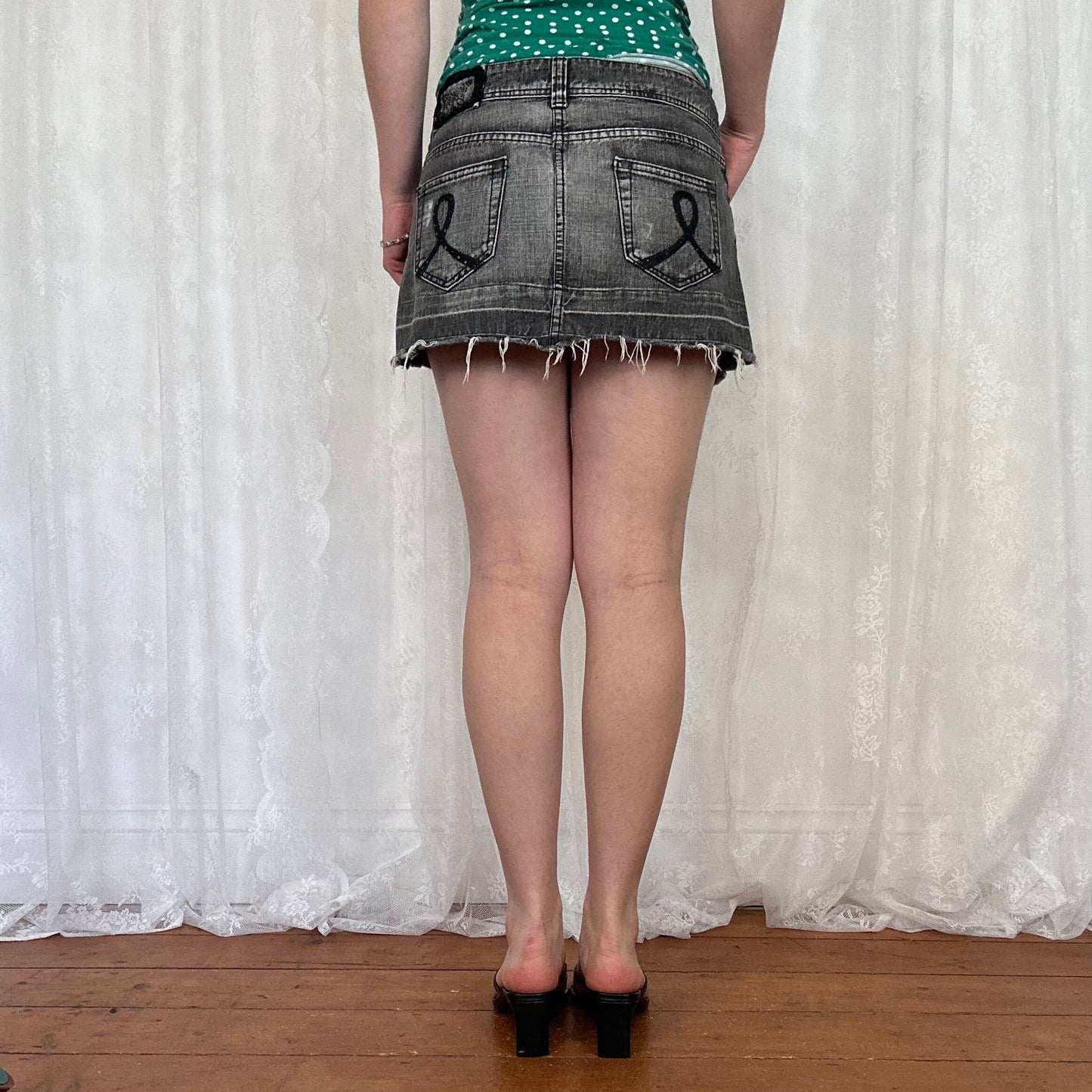 vintage 00s washed grey denim distressed mini skirt