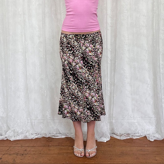 vintage 00s black floral print midi skirt