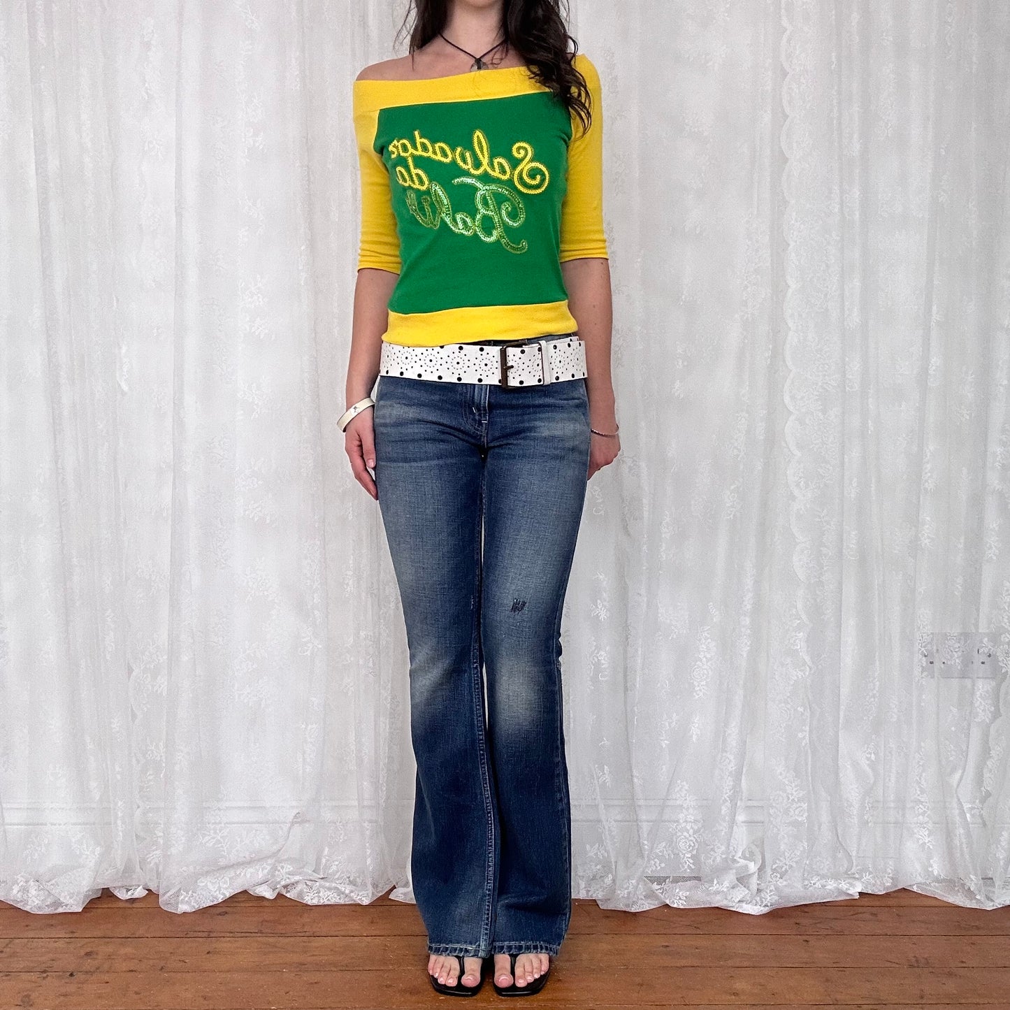 vintage 00s yellow and green sequin crop sleeve top