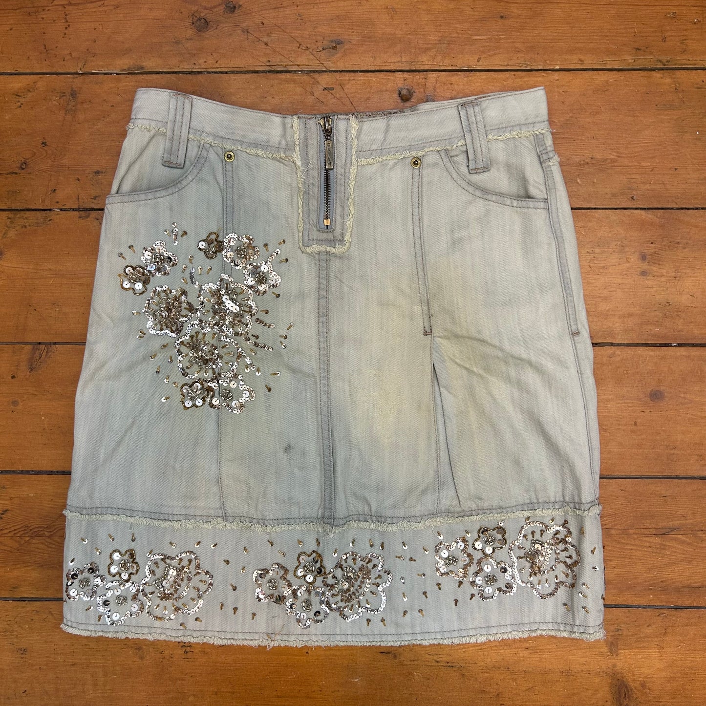 vintage 00s light wash sequin midi skirt