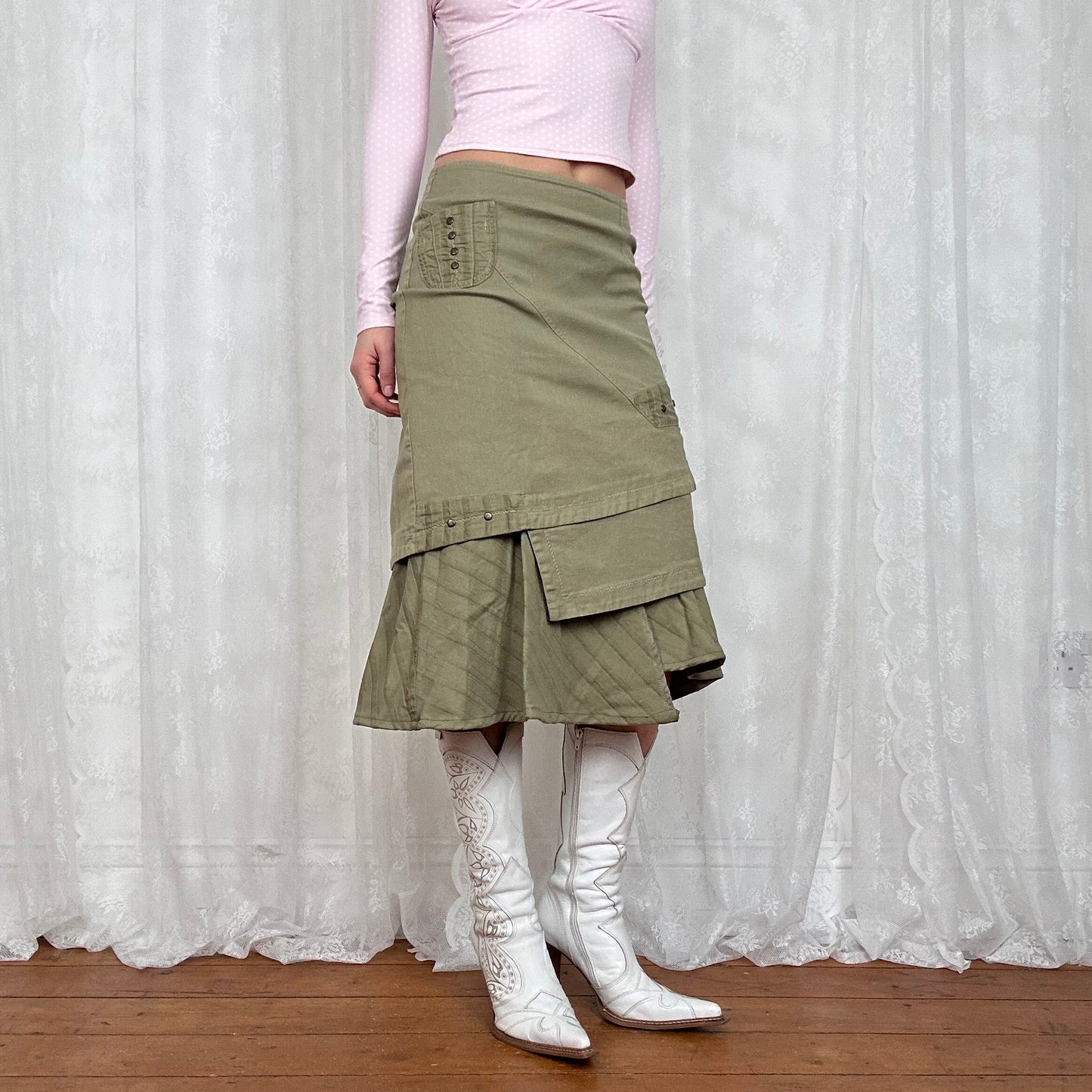 vintage 00s bleached khaki studded midi skirt