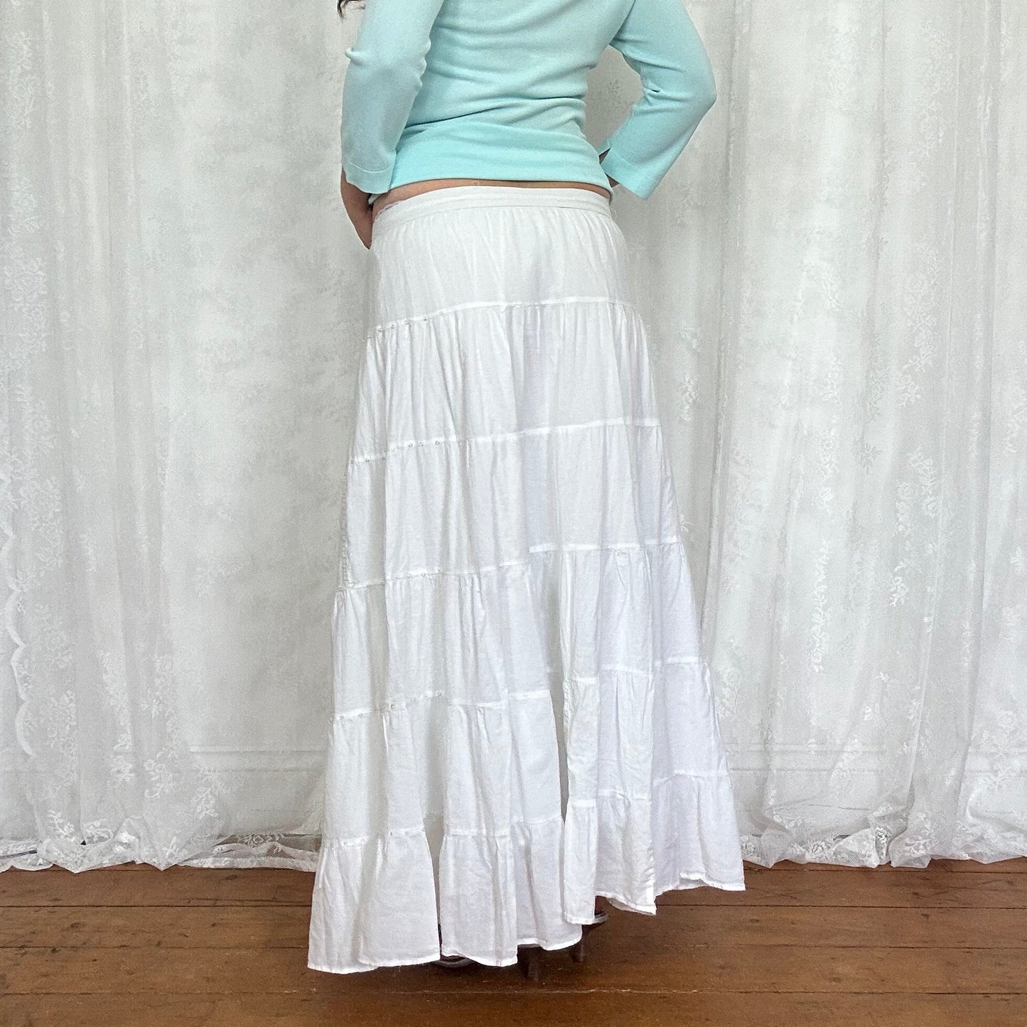 vintage 00s white tiered maxi skirt with sequin detail