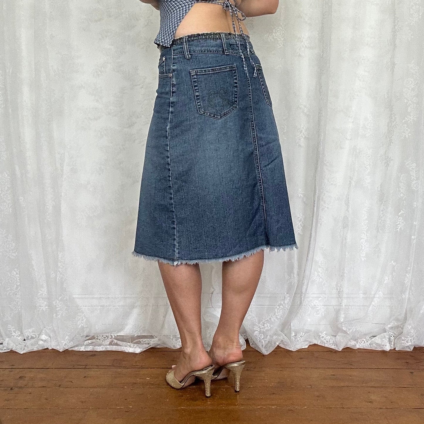 vintage 00s denim floral midi skirt