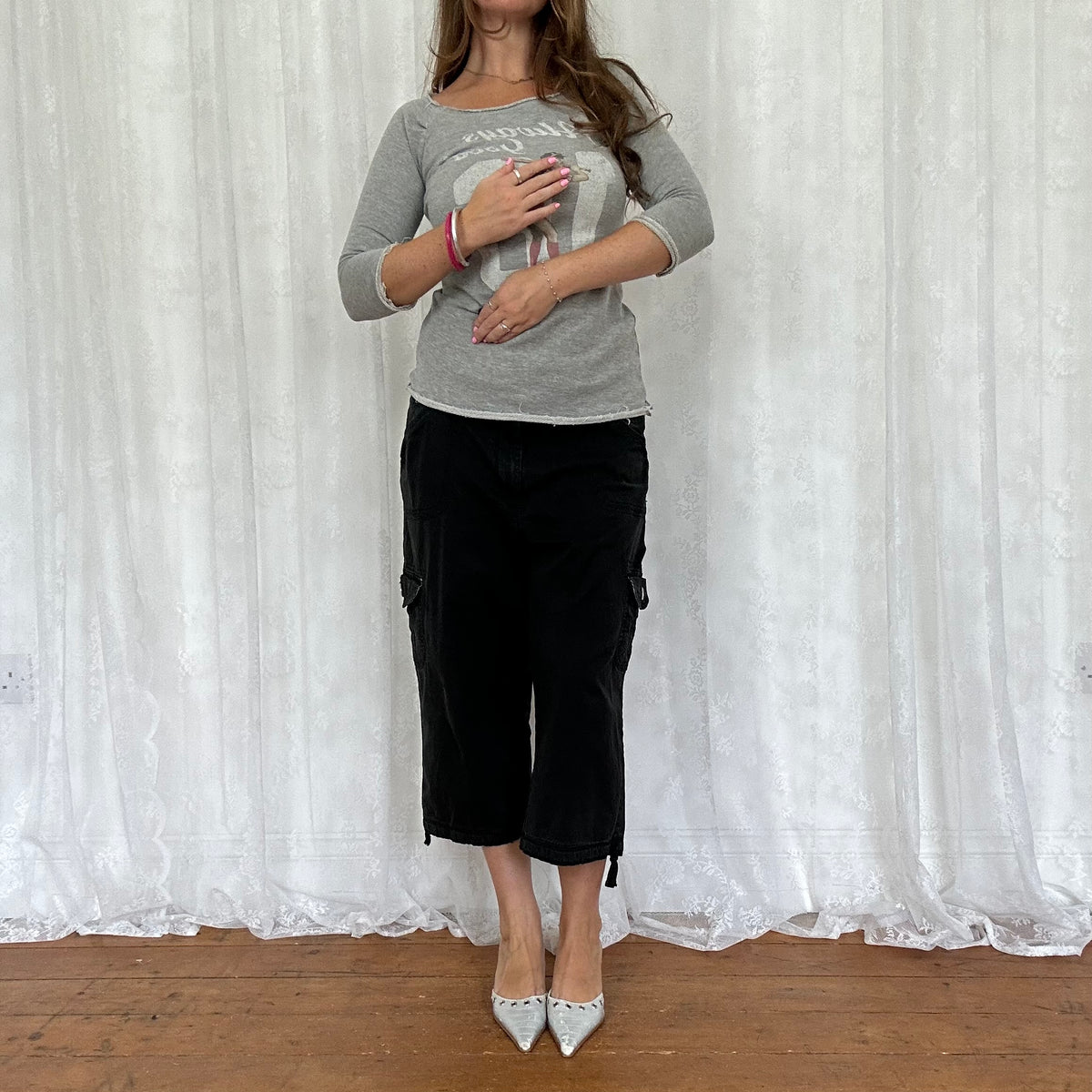 vintage 00s grey sports graphic crop sleeve top