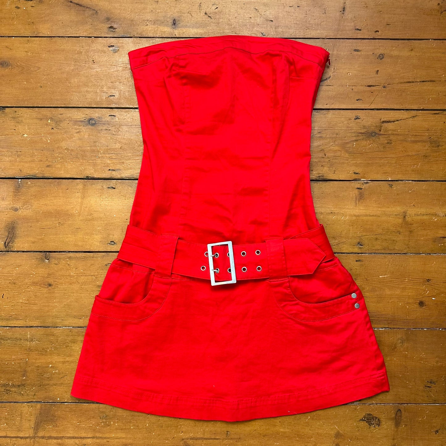 vintage 00s red strapless buckle mini dress