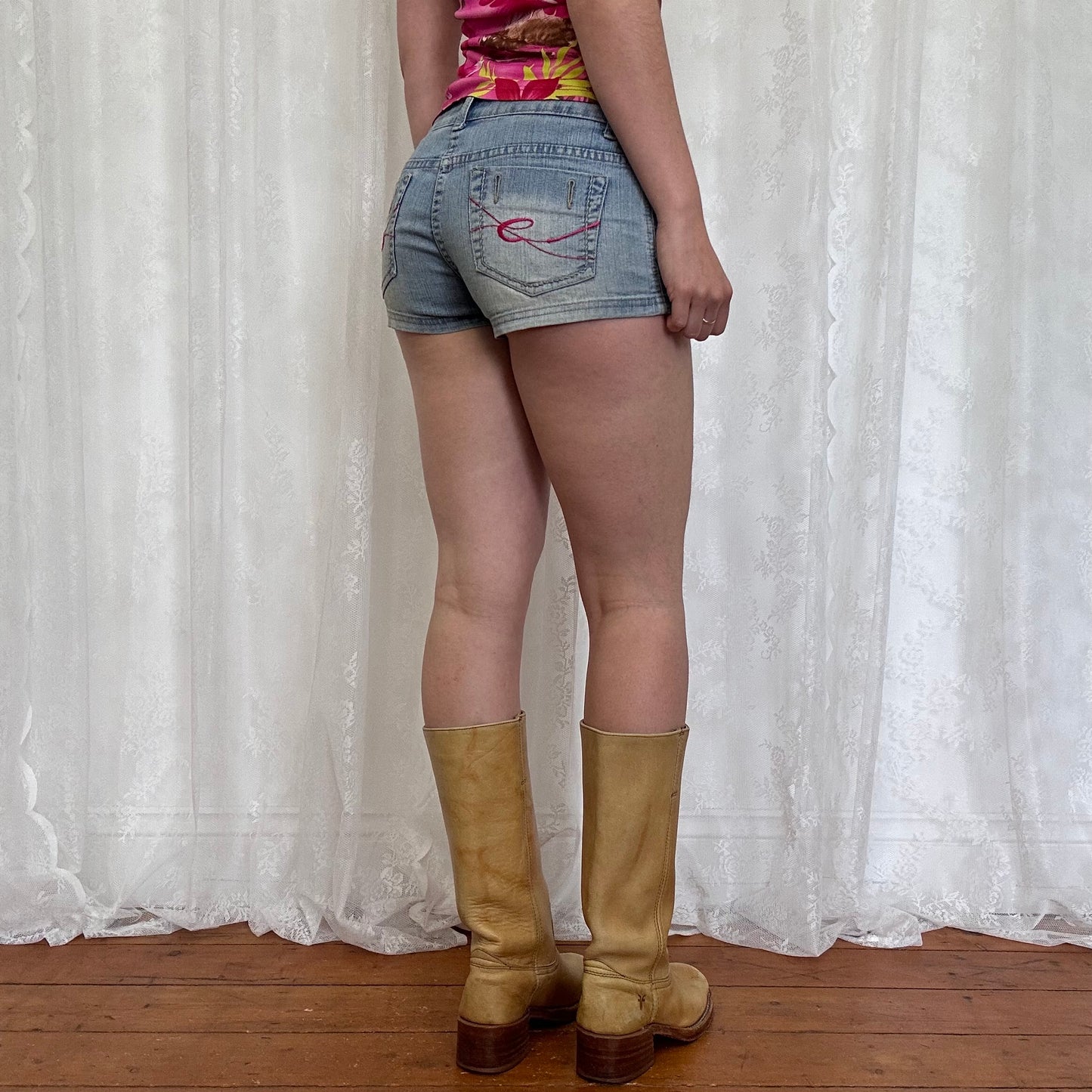 vintage 00s denim micro mini shorts with pink back pocket embroidery