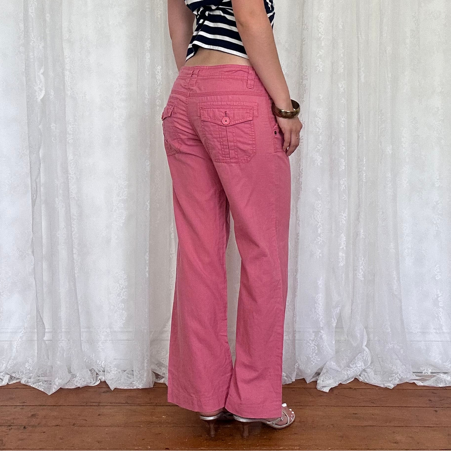 vintage 00s pink low rise wide leg linen trousers