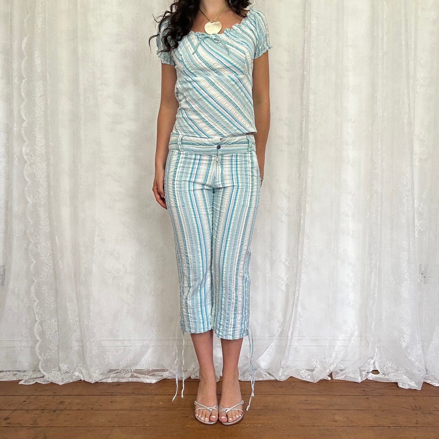 vintage 00s blue pinstripe capri and top co ord