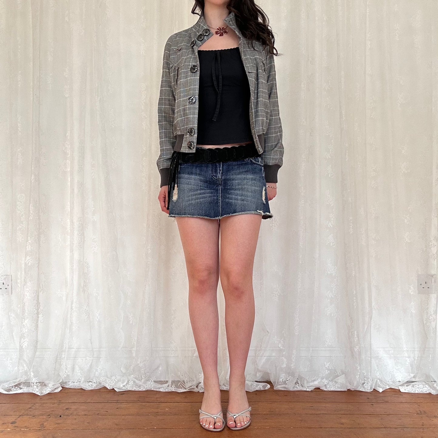 vintage 00s dark wash denim distressed mini skirt