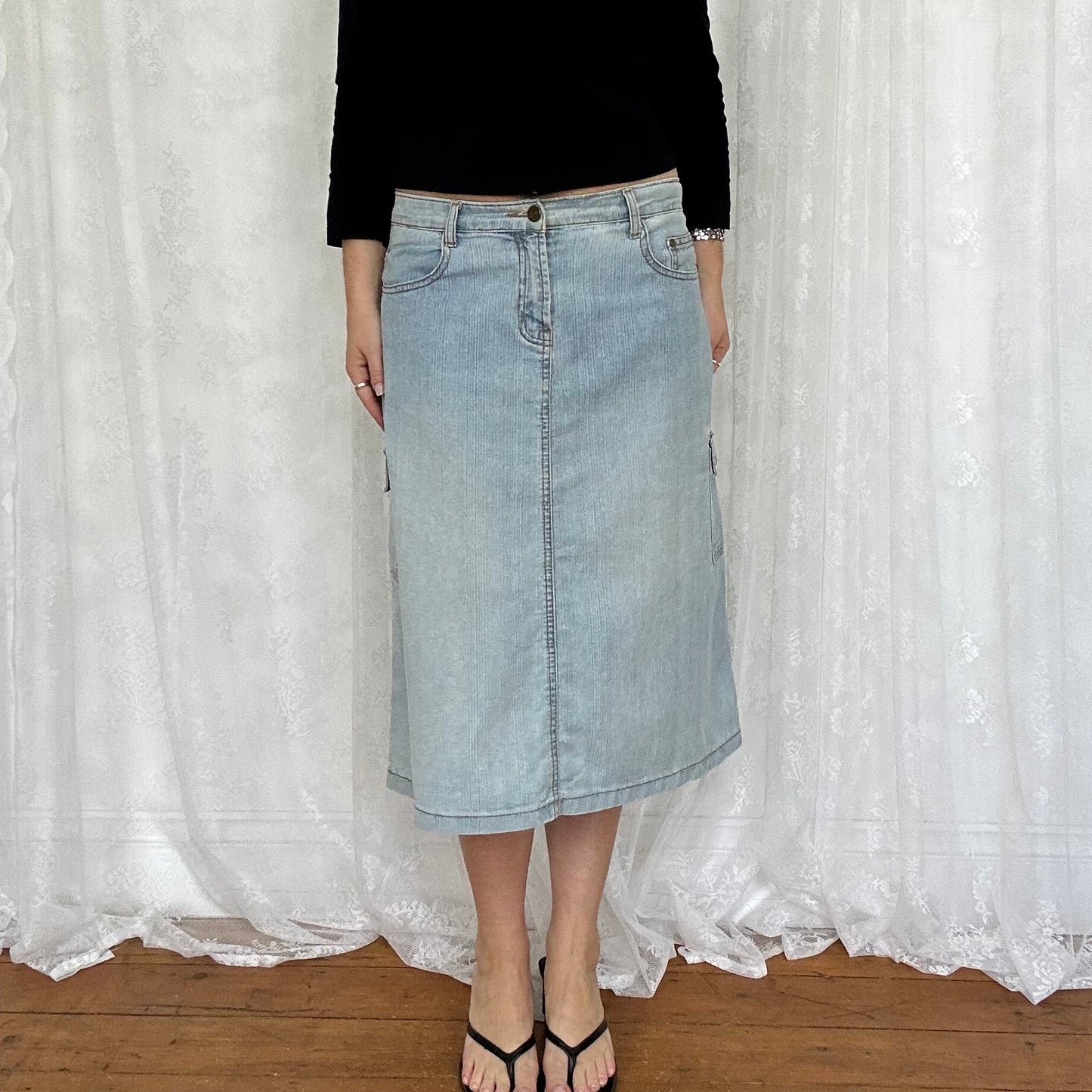 vintage 00s light wash denim midi skirt