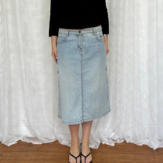 vintage 00s light wash denim midi skirt