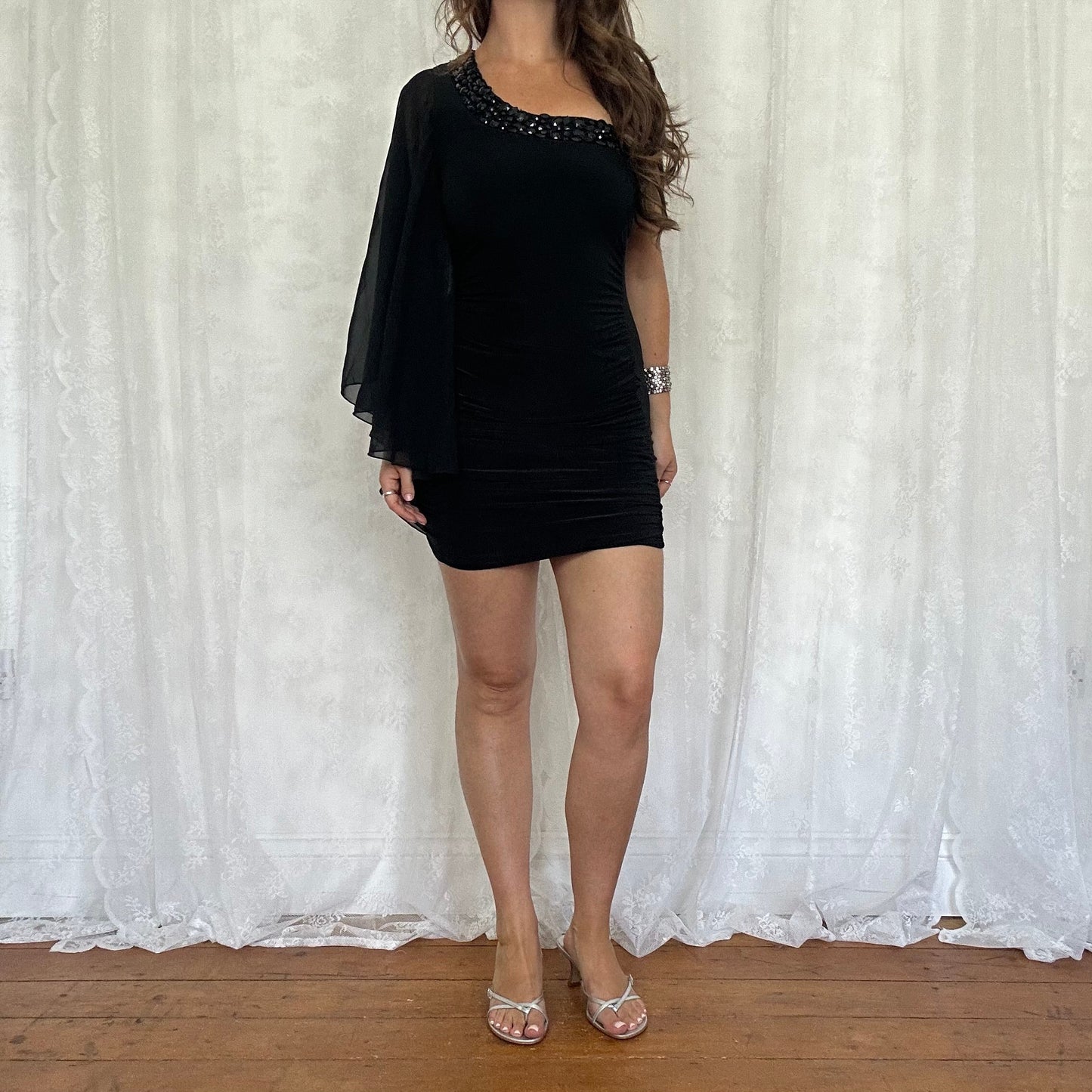vintage 00s black one shoulder club dress