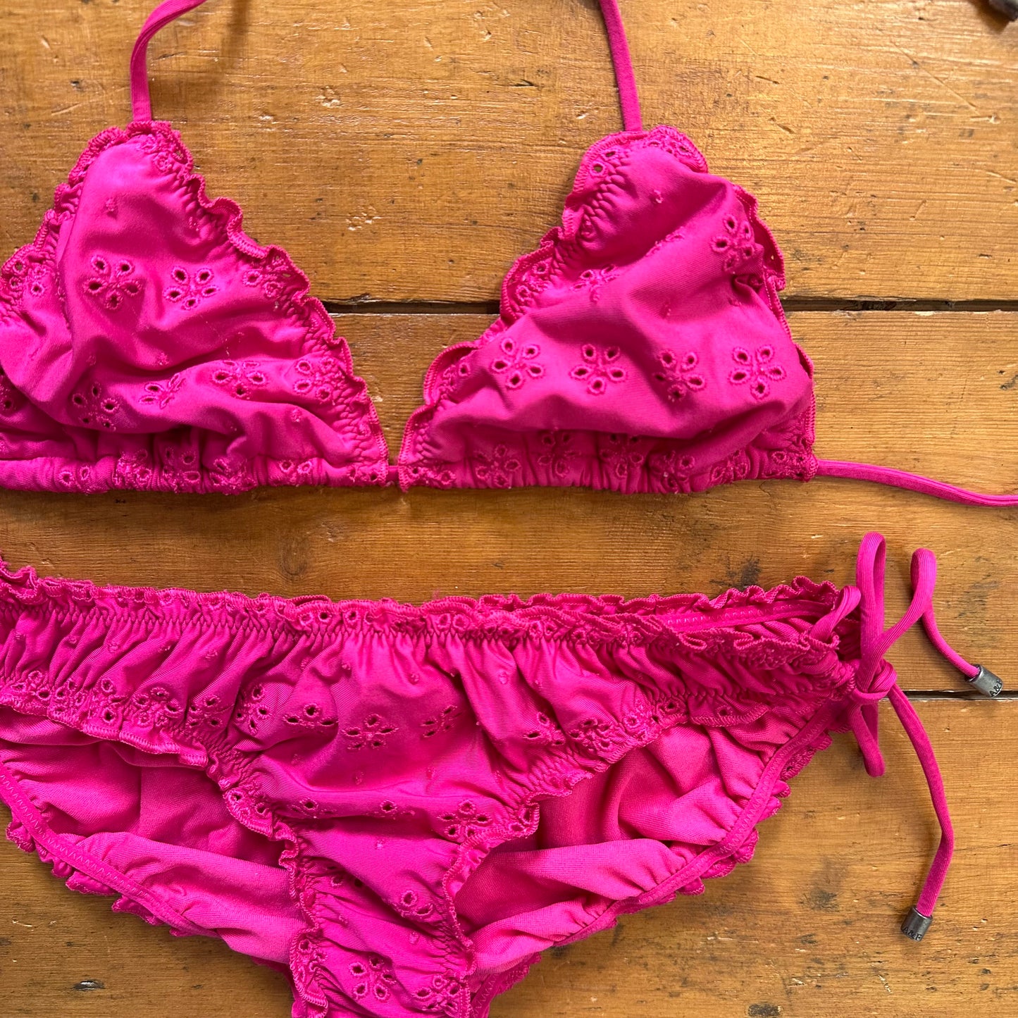 vintage 00s hot pink brooderie ruched bikini set
