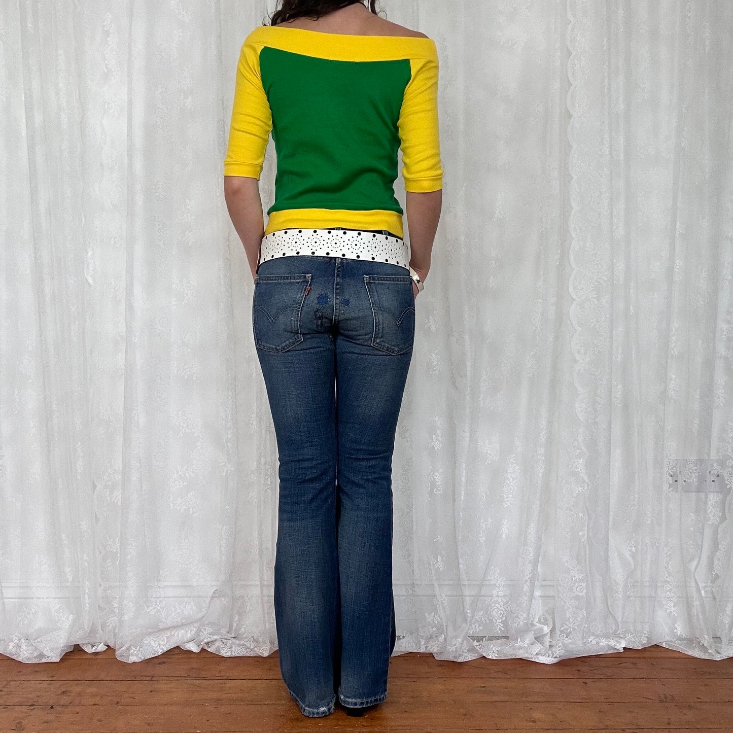 vintage 00s yellow and green sequin crop sleeve top