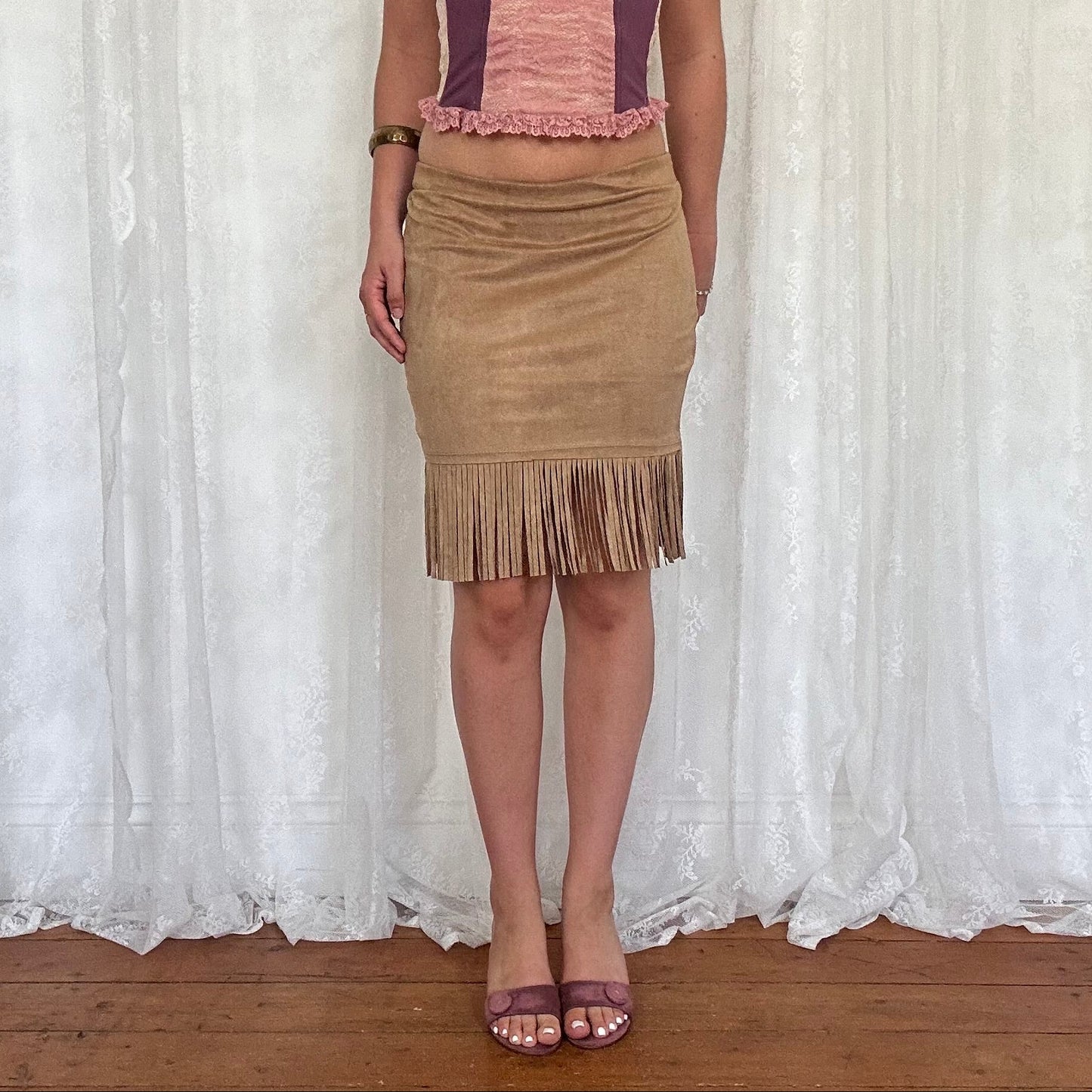 vintage 00s tan faux suede fringe midi skirt