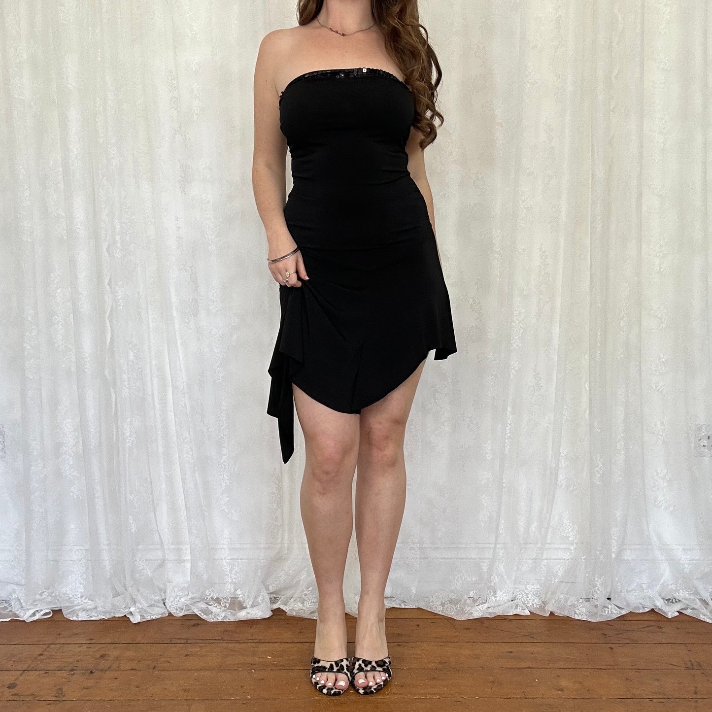 vintage 00s black strapless sequin fairy hem mini dress