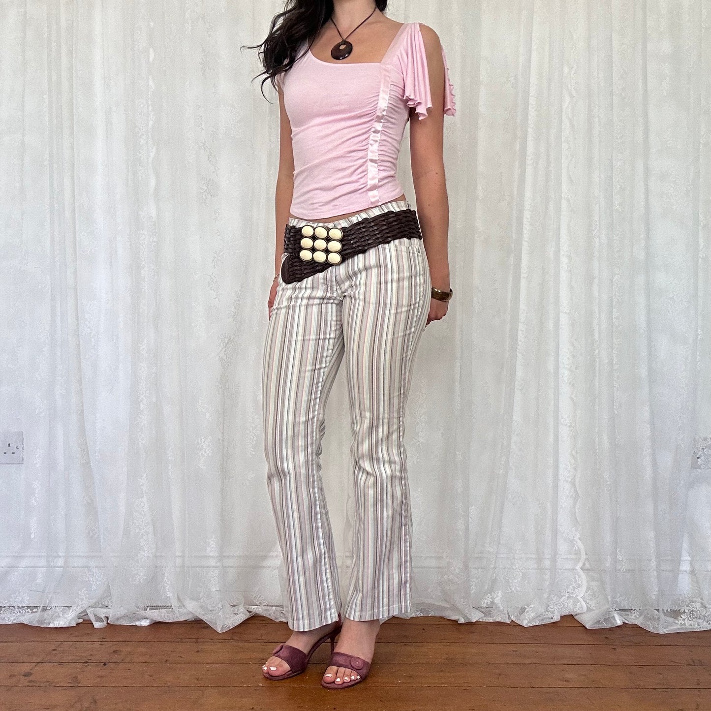vintage 00s baby pink ruffle shoulder top