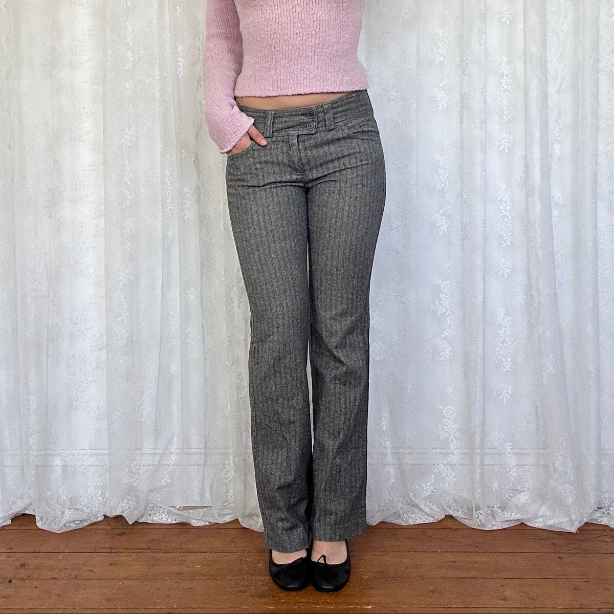 vintage 00s grey pinstripe low rise suit trousers