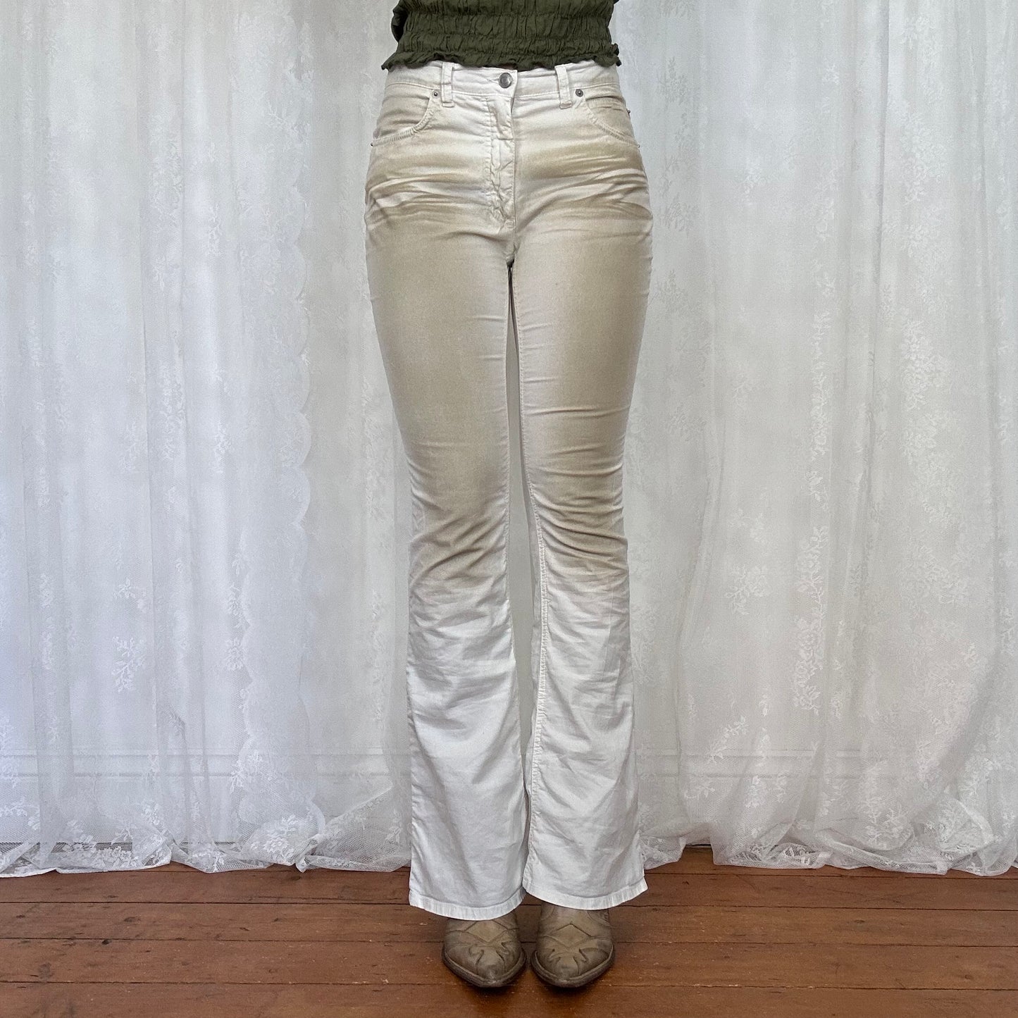 vintage 00s white washed-effect flared trousers