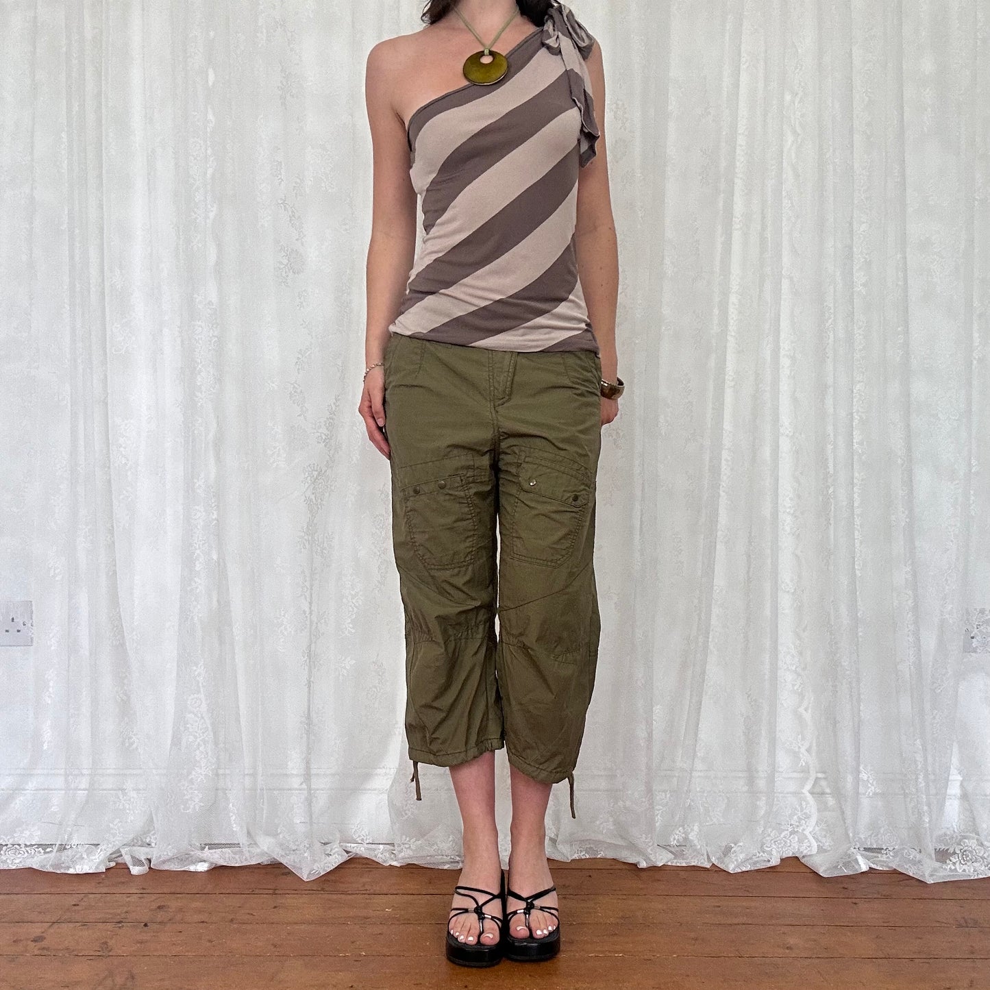 vintage 00s brown striped one shoulder top